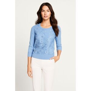 ANN TAYLOR BLUE LACE OVERLAY FRONT 3/4 SLEEVECAREER LIGHT SWEATER SIZE: S NWT